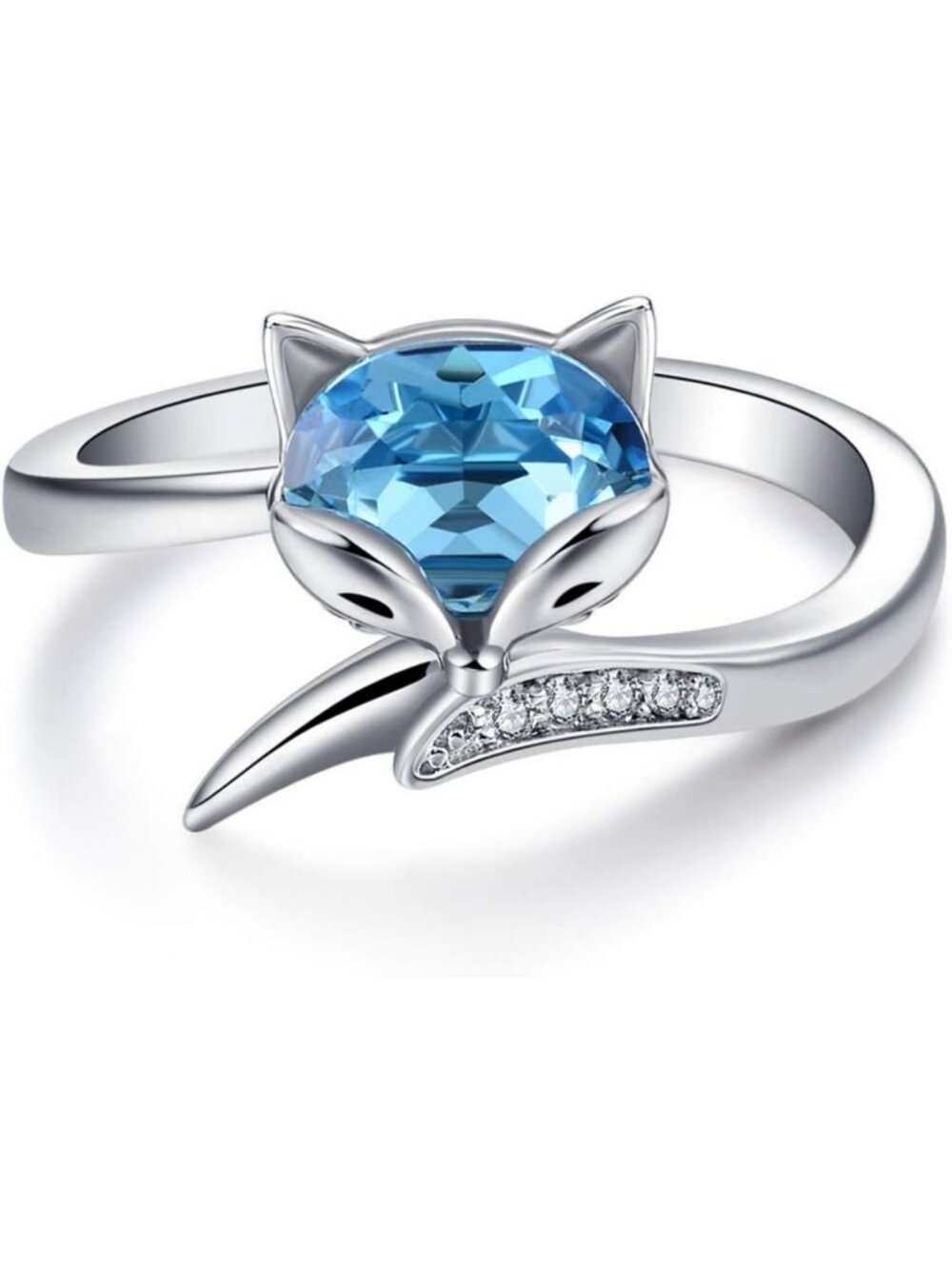 Adjustable Sterling Silver Fox Ring with Aquamarine Crystal - Perfect Gift for